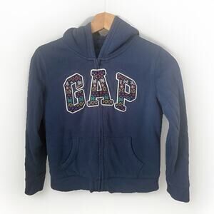 Gap Kids Girls Hoodie Blue Fair Isle Sequin Logo Full Zip Faux Fur Kidcore Lg
